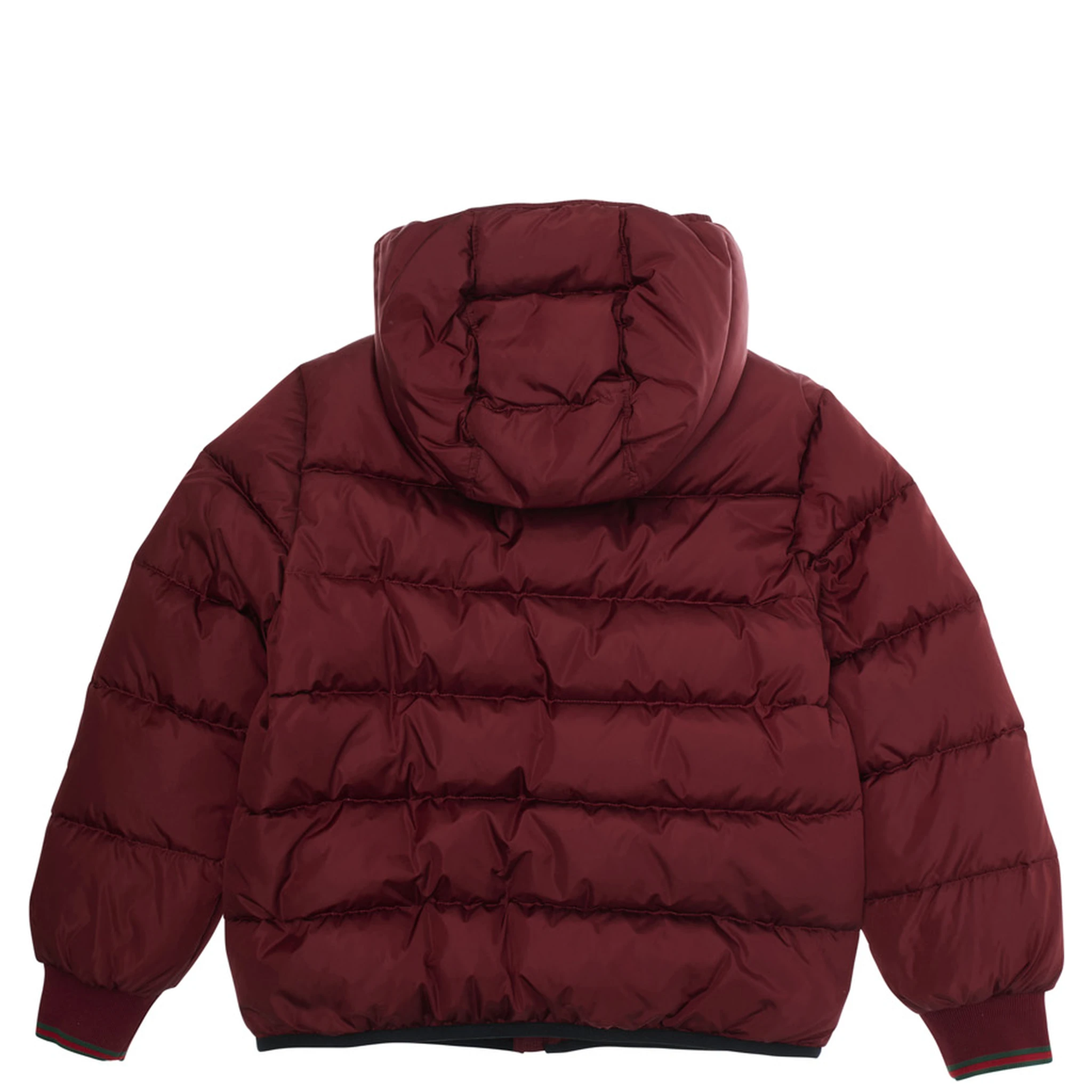 Bordeaux Down Jacket with Fixed Hood and Web Details on the Edges in Tech Fabric Boy