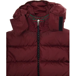 Bordeaux Down Jacket with Fixed Hood and Web Details on the Edges in Tech Fabric Boy