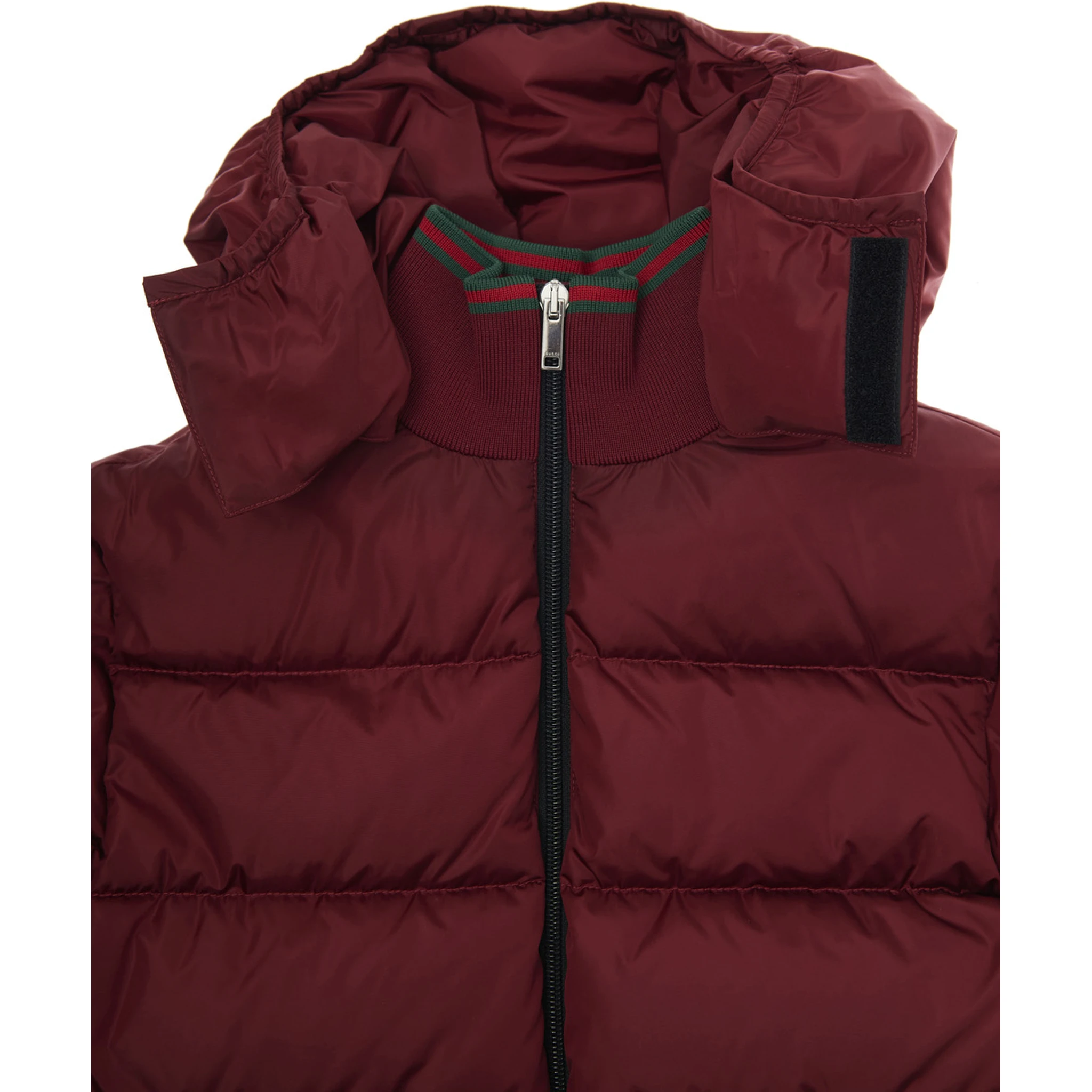 Bordeaux Down Jacket with Fixed Hood and Web Details on the Edges in Tech Fabric Boy
