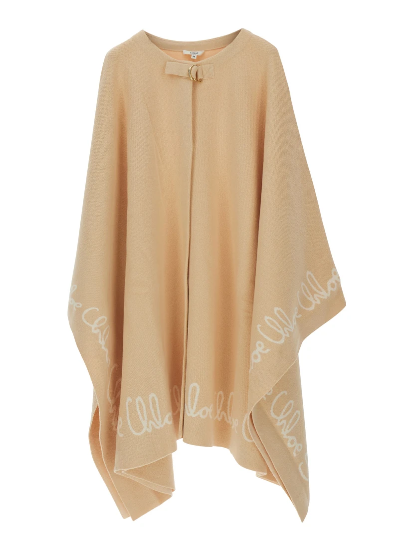 Beige Crew Neck Cape with Logo Lettering on the Edges in Cotton Girl
