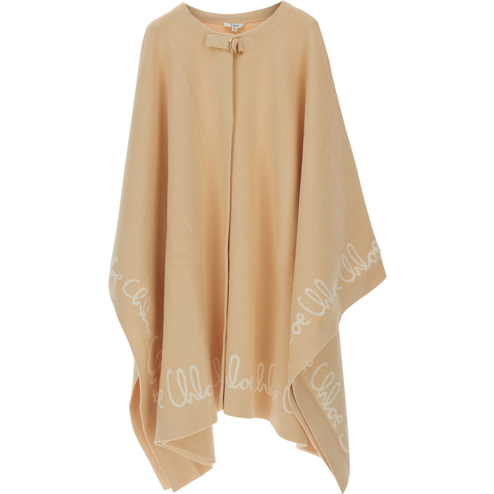 Beige Crew Neck Cape with Logo Lettering on the Edges in Cotton Girl