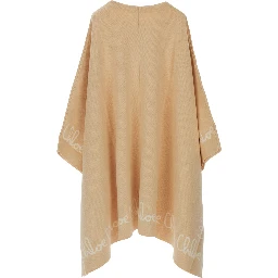 Beige Crew Neck Cape with Logo Lettering on the Edges in Cotton Girl