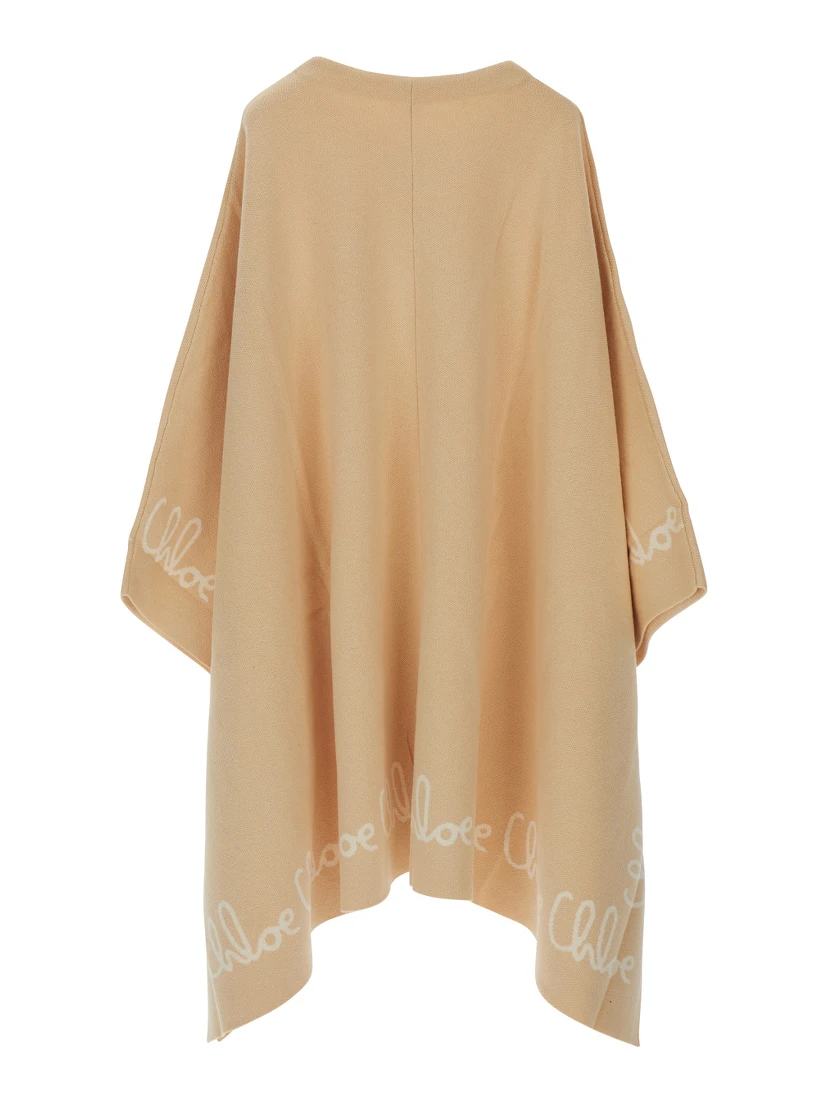 Beige Crew Neck Cape with Logo Lettering on the Edges in Cotton Girl