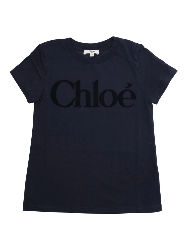 Blue Crewneck T-Shirt with Logo Lettering on the Front in Cotton Girl