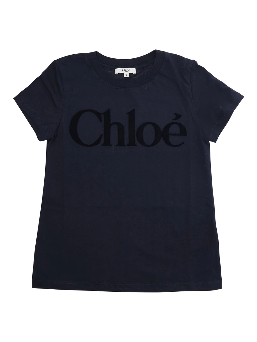 Blue Crewneck T-Shirt with Logo Lettering on the Front in Cotton Girl