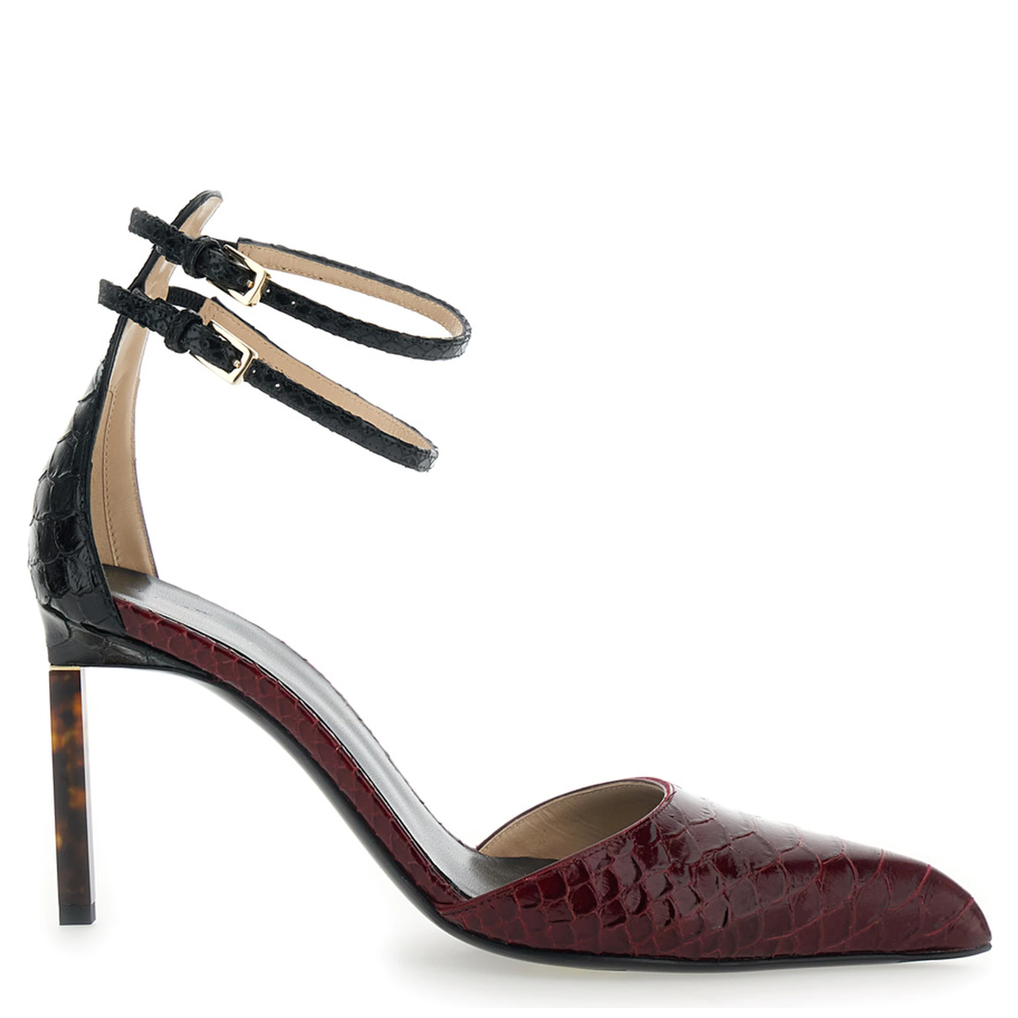 Bordeaux Pumps with High Stiletto Heel and Ankle Strap Closure in Leather Woman