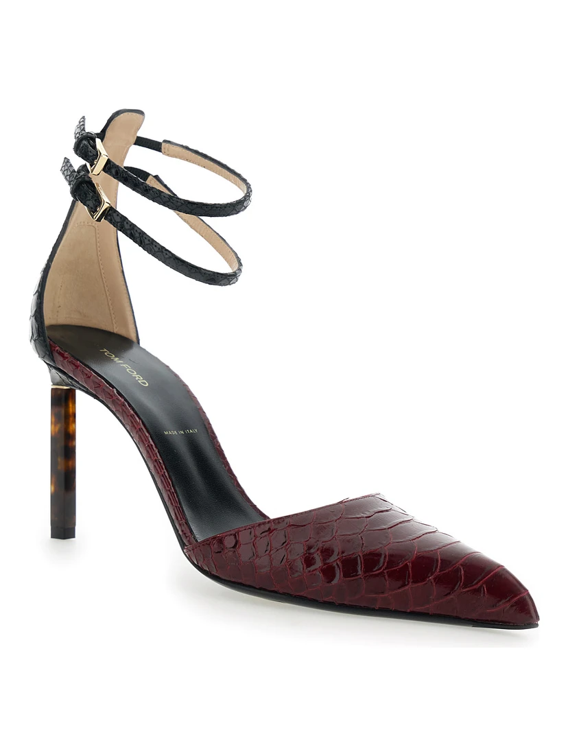 Bordeaux Pumps with High Stiletto Heel and Ankle Strap Closure in Leather Woman
