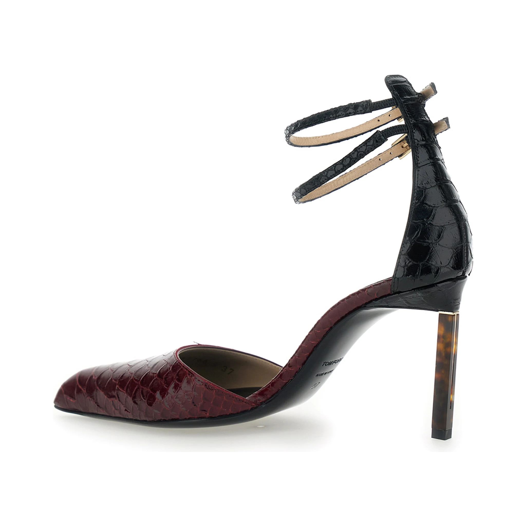 Bordeaux Pumps with High Stiletto Heel and Ankle Strap Closure in Leather Woman