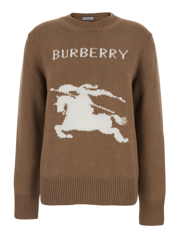 Beige Crewneck Sweater with Maxi EKD Embroidery on the Front and Logo Lettering in Wool and Cashmere Woman