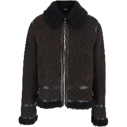 Brown Shearling Jacket with Shearling Trims and All-Over GG Motif in Suede Woman