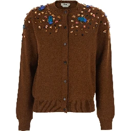 Brown Crewneck Cardigan with Rhinestone Embroidery in Wool and Cashmere Woman