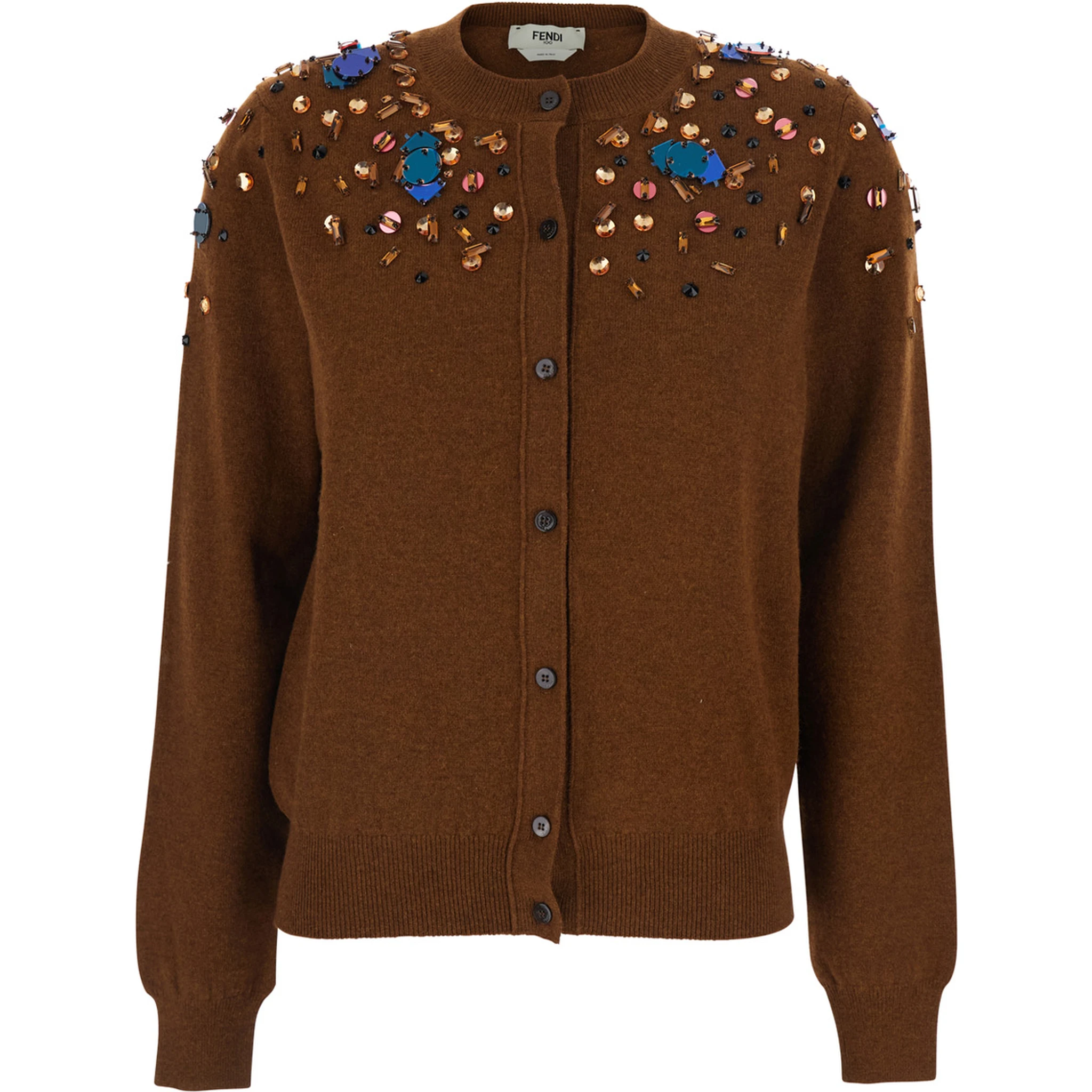 Brown Crewneck Cardigan with Rhinestone Embroidery in Wool and Cashmere Woman
