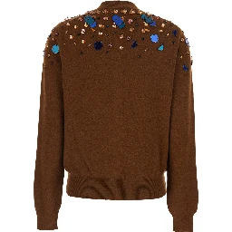 Brown Crewneck Cardigan with Rhinestone Embroidery in Wool and Cashmere Woman