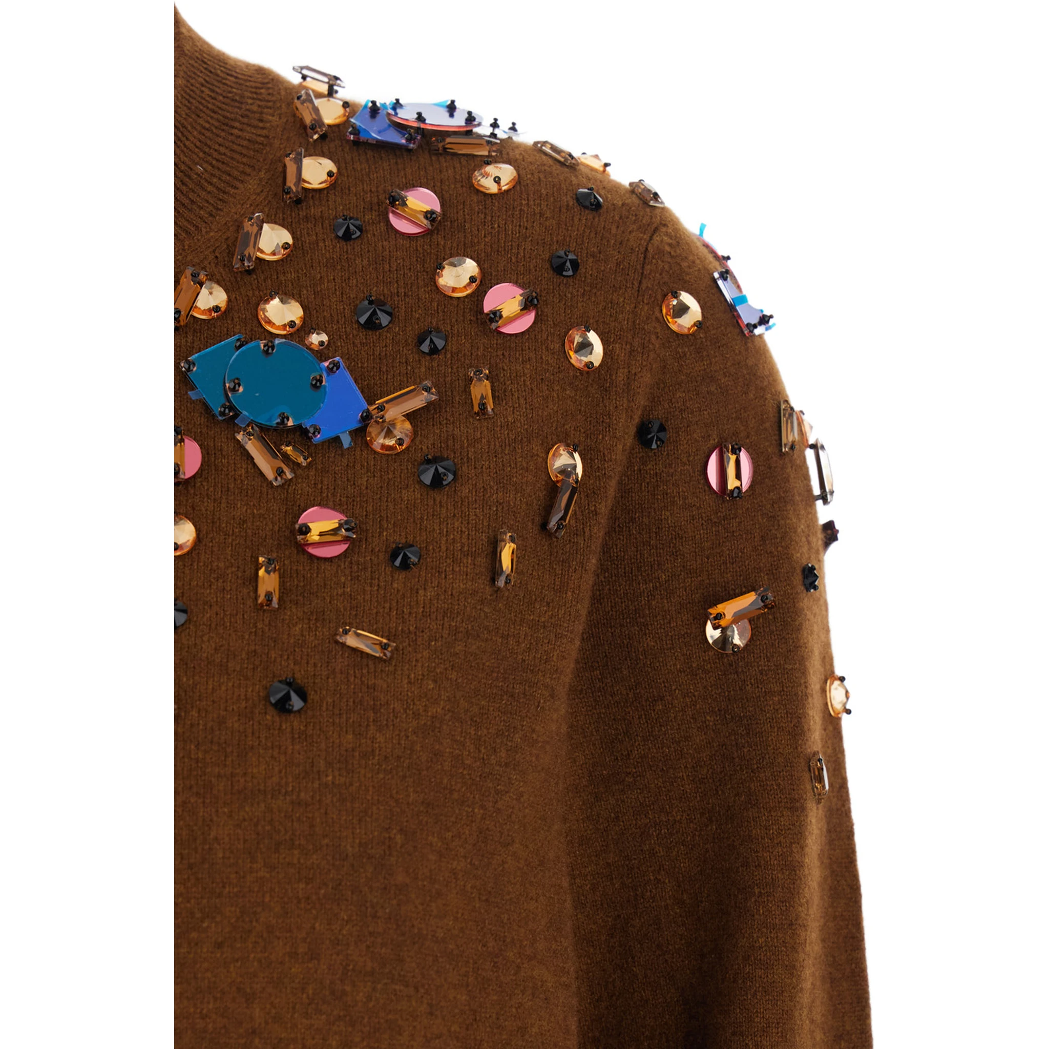 Brown Crewneck Cardigan with Rhinestone Embroidery in Wool and Cashmere Woman