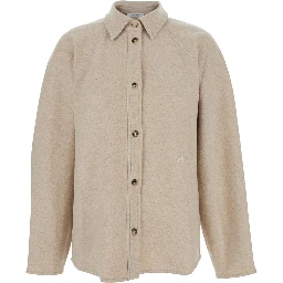 Ceci Beige Cardigan with Classic Collar and Logo Lettering on the Front in Cashmere Woman