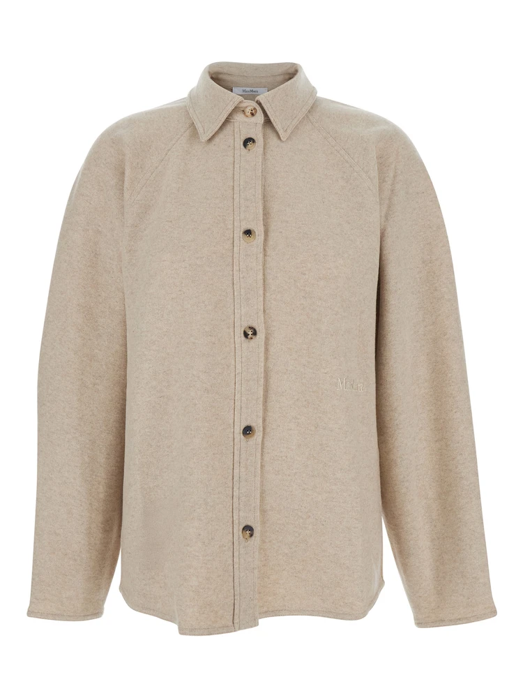 Ceci Beige Cardigan with Classic Collar and Logo Lettering on the Front in Cashmere Woman