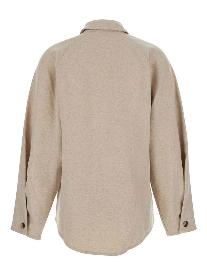 Ceci Beige Cardigan with Classic Collar and Logo Lettering on the Front in Cashmere Woman