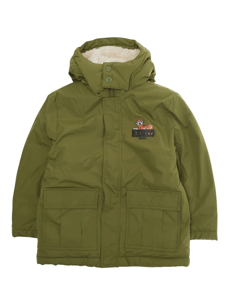 Green Coat with Fixed Hood and Logo Printed on the Front in Tech Fabric Boy