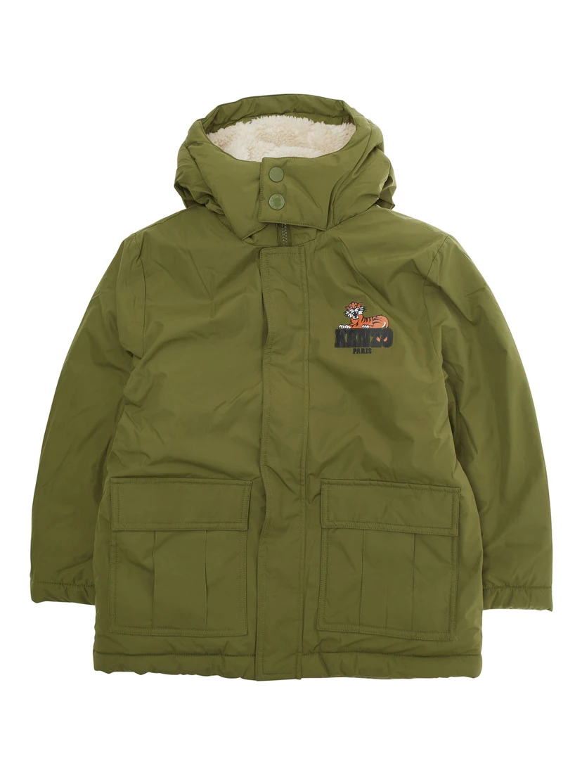 Green Coat with Fixed Hood and Logo Printed on the Front in Tech Fabric Boy