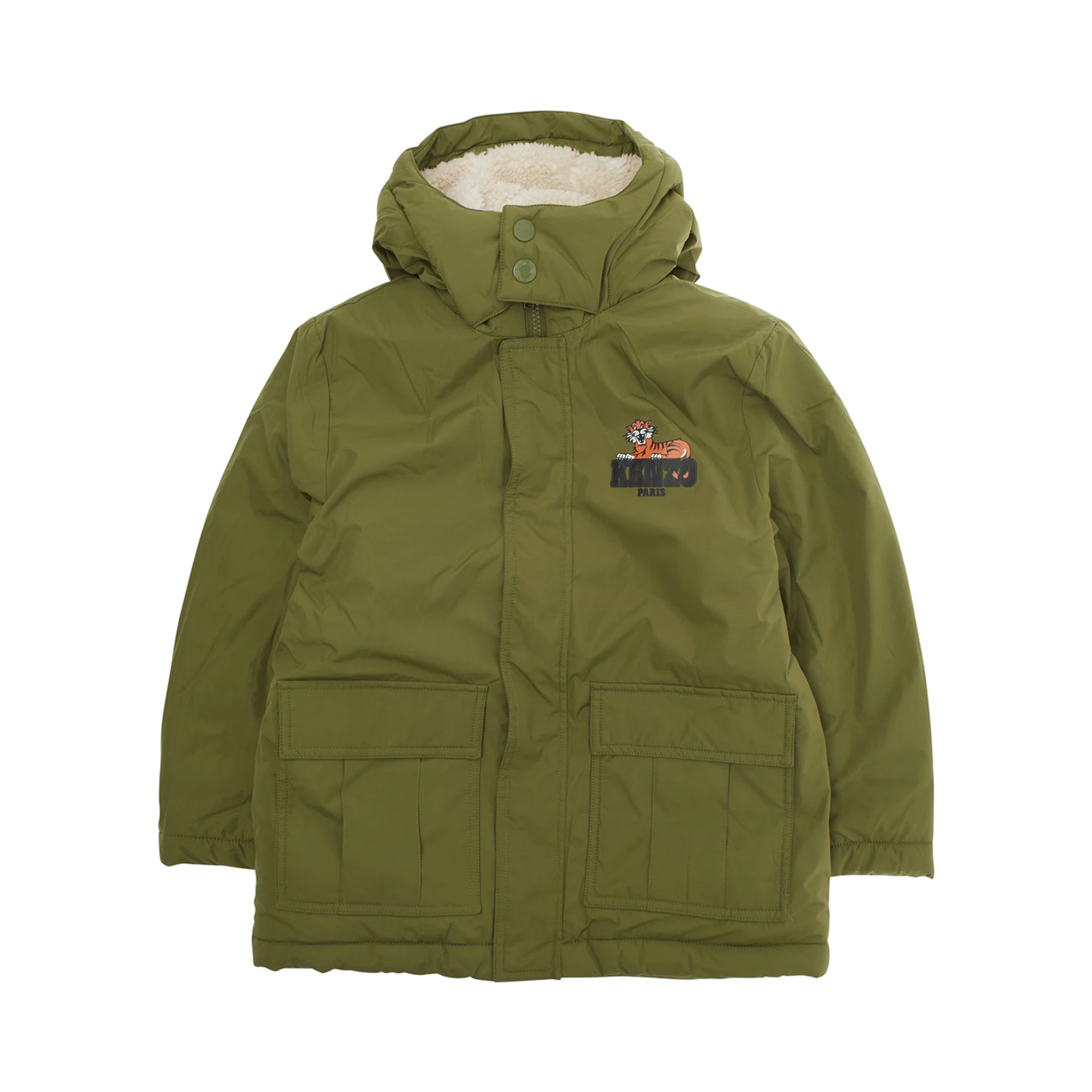 Green Coat with Fixed Hood and Logo Printed on the Front in Tech Fabric Boy
