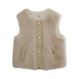 Beige Sleeveless Crewneck Coat with Front Button Closure in Ecofur Girl