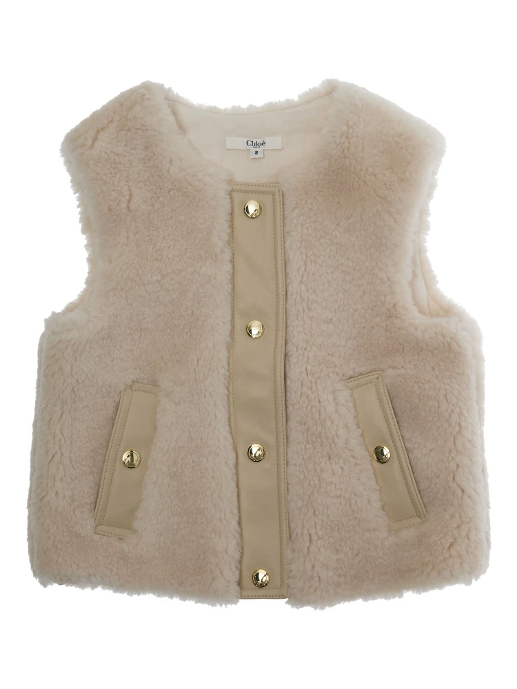 Beige Sleeveless Crewneck Coat with Front Button Closure in Ecofur Girl