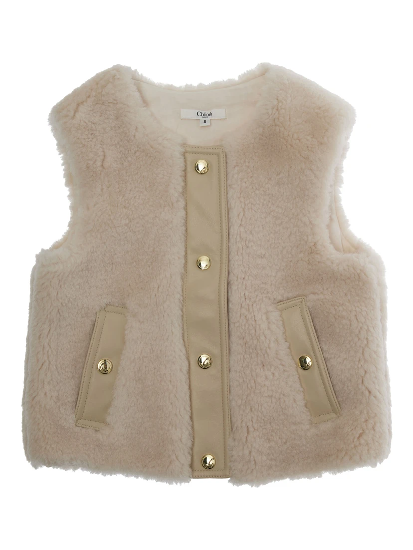 Beige Sleeveless Crewneck Coat with Front Button Closure in Ecofur Girl