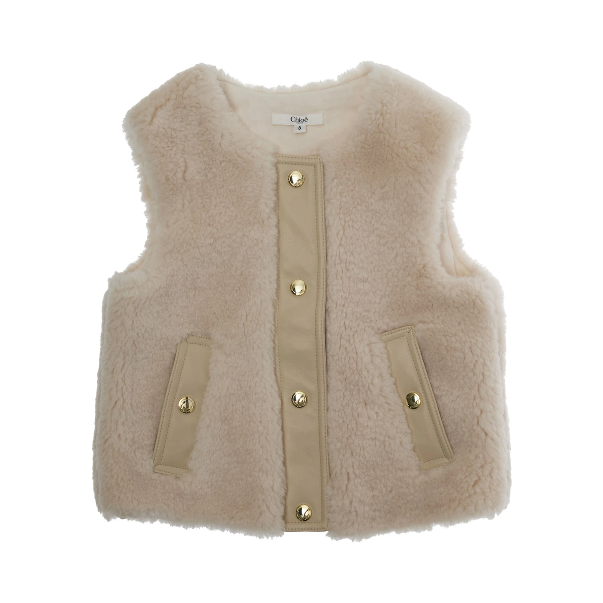 Beige Sleeveless Crewneck Coat with Front Button Closure in Ecofur Girl