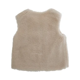 Beige Sleeveless Crewneck Coat with Front Button Closure in Ecofur Girl