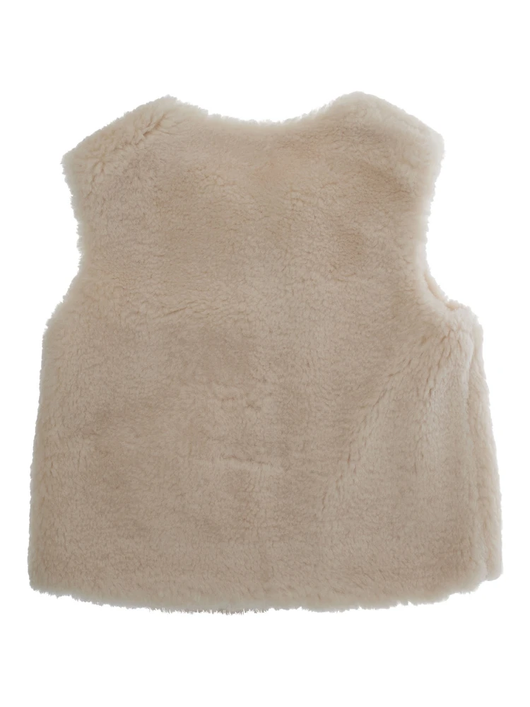 Beige Sleeveless Crewneck Coat with Front Button Closure in Ecofur Girl alternative