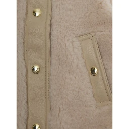 Beige Sleeveless Crewneck Coat with Front Button Closure in Ecofur Girl