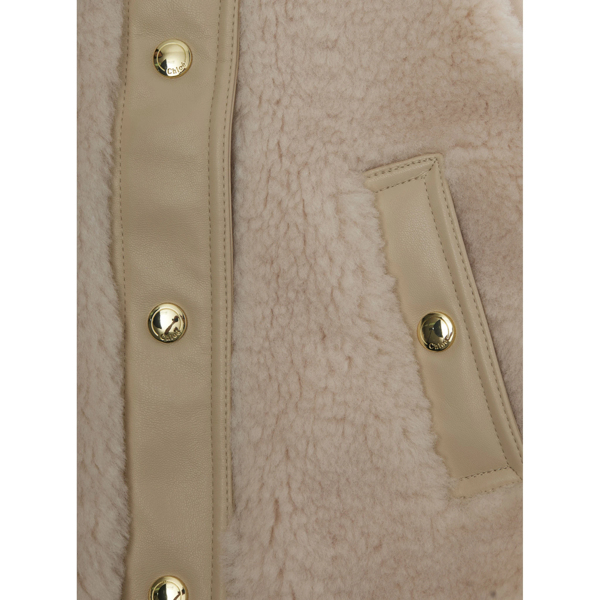 Beige Sleeveless Crewneck Coat with Front Button Closure in Ecofur Girl