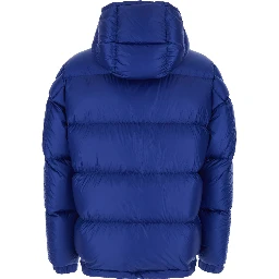 Rivau Blue Down Jacket with Fixed Hood and Logo Patch on the Sleeve in Tech Fabric Man