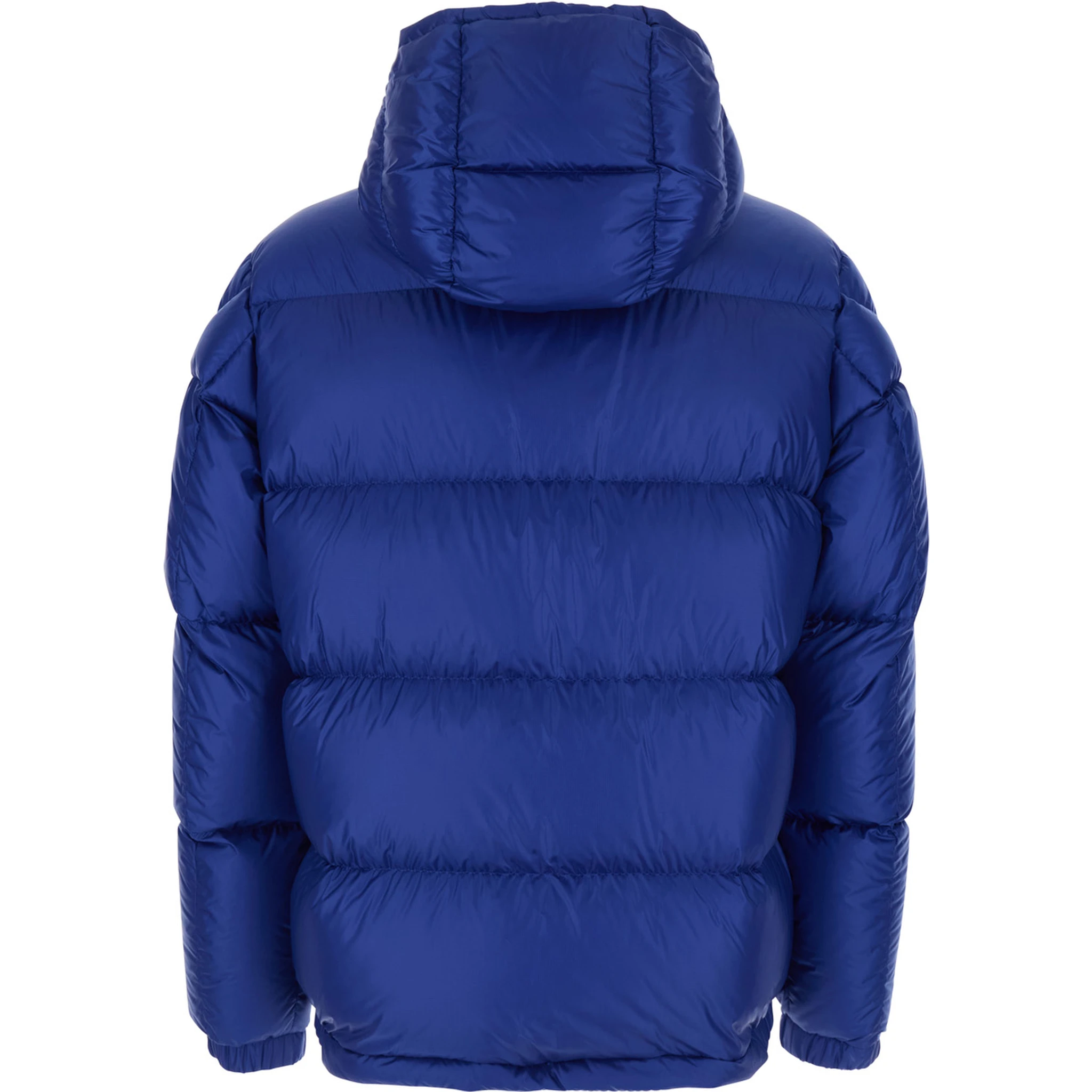 Rivau Blue Down Jacket with Fixed Hood and Logo Patch on the Sleeve in Tech Fabric Man