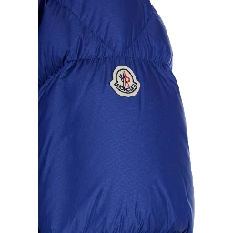Rivau Blue Down Jacket with Fixed Hood and Logo Patch on the Sleeve in Tech Fabric Man