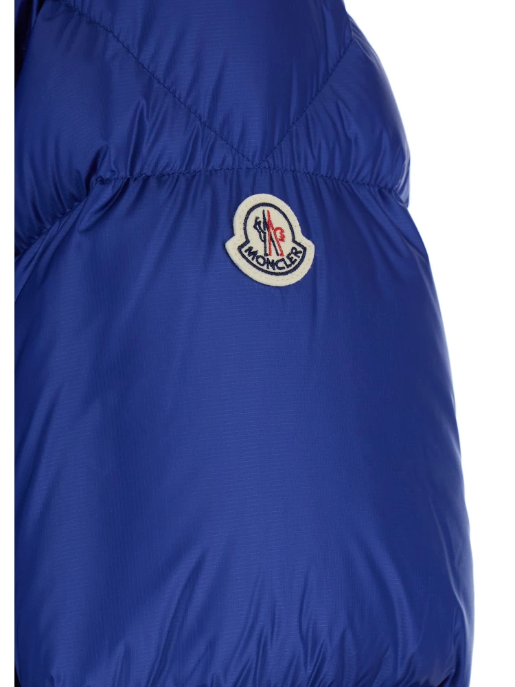 Rivau Blue Down Jacket with Fixed Hood and Logo Patch on the Sleeve in Tech Fabric Man alternative