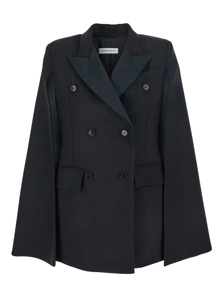 Black Oversize Jacket with Peak Revers and Long Wide Sleeves in Cotton Blend Woman