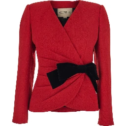 Red Jacket with Ruffles at the Waist and Bow Detail in Virgin Wool Woman