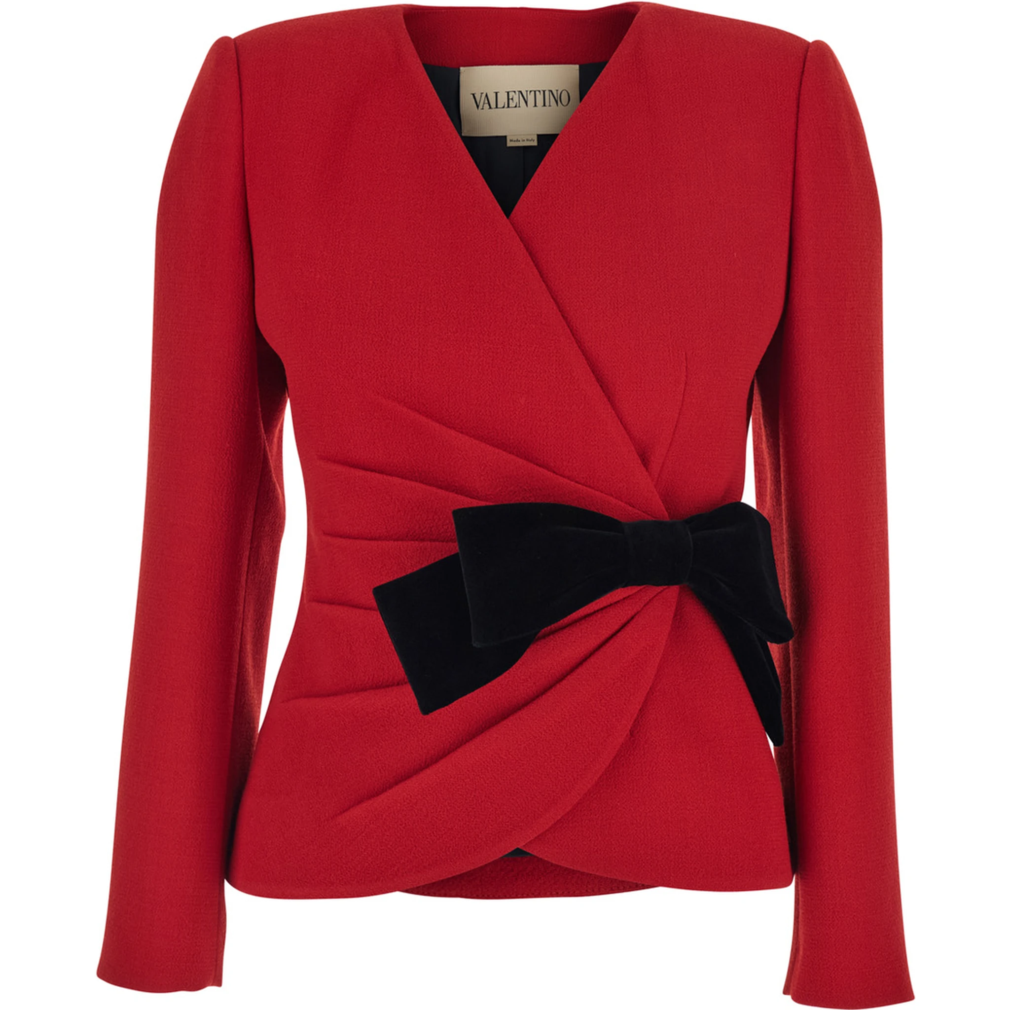 Red Jacket with Ruffles at the Waist and Bow Detail in Virgin Wool Woman