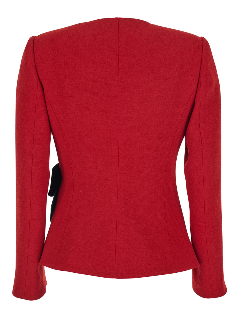 Red Jacket with Ruffles at the Waist and Bow Detail in Virgin Wool Woman