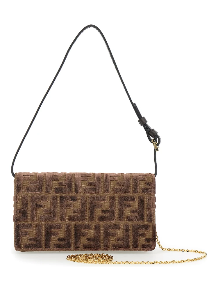Brown Crossbody Bag with All-Over FF Motif and Metallic FF Plaque on the Front in Cotton Woman