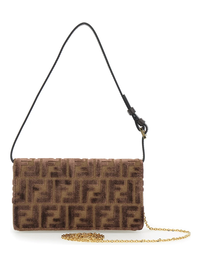 Brown Crossbody Bag with All-Over FF Motif and Metallic FF Plaque on the Front in Cotton Woman