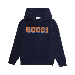 Blue Sweatshirt with Fixed Hood and Logo Lettering on the Front in Cotton Kid