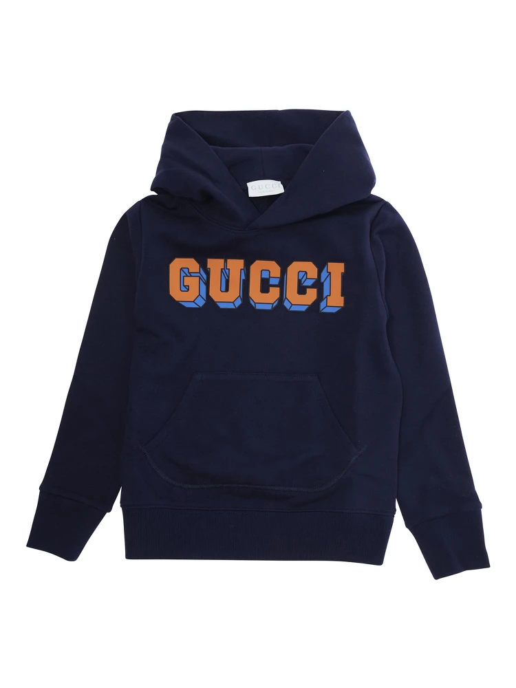 Blue Sweatshirt with Fixed Hood and Logo Lettering on the Front in Cotton Kid