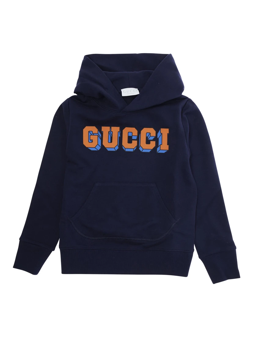 Blue Sweatshirt with Fixed Hood and Logo Lettering on the Front in Cotton Kid