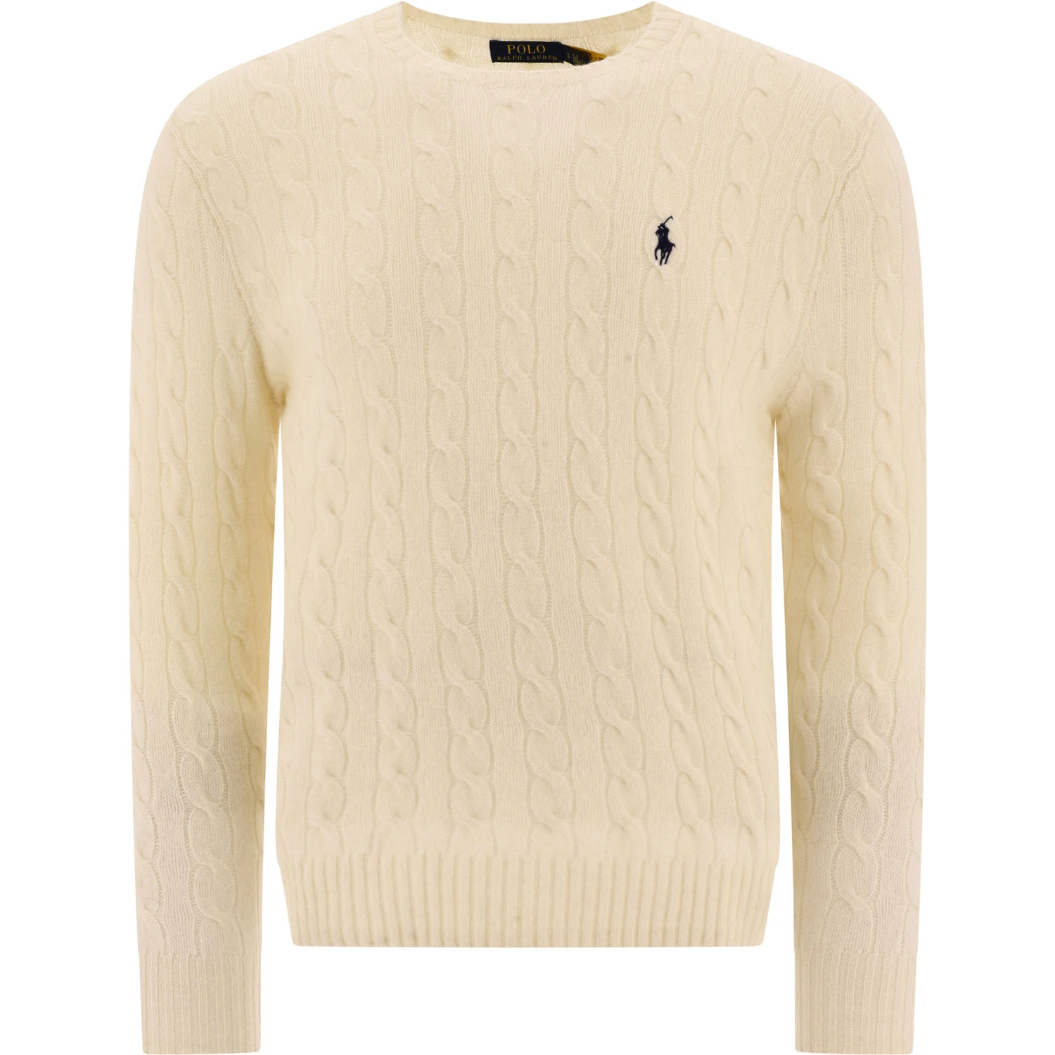 كنزة صوفية وكشميرية برقبة دائرية مزينة بشعار