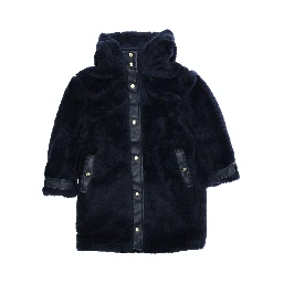 Blue Coat with Fixed Hood and Front Button Closure in Ecofur Girl