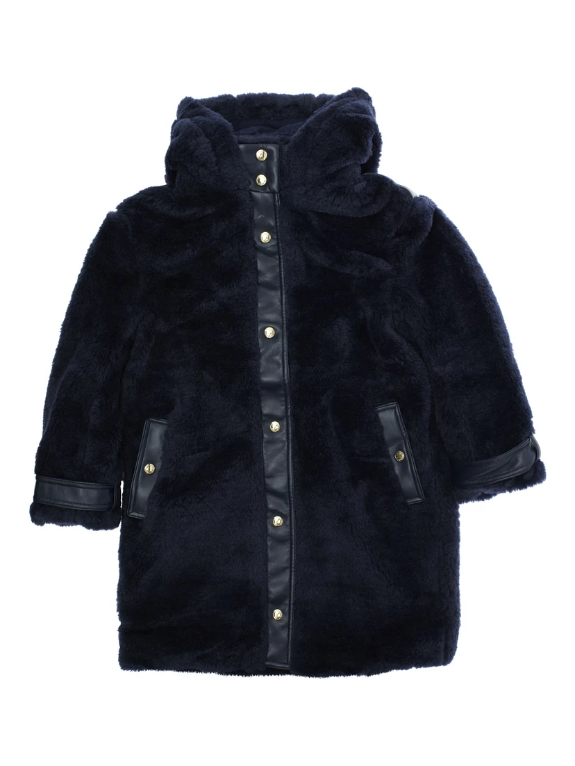 Blue Coat with Fixed Hood and Front Button Closure in Ecofur Girl