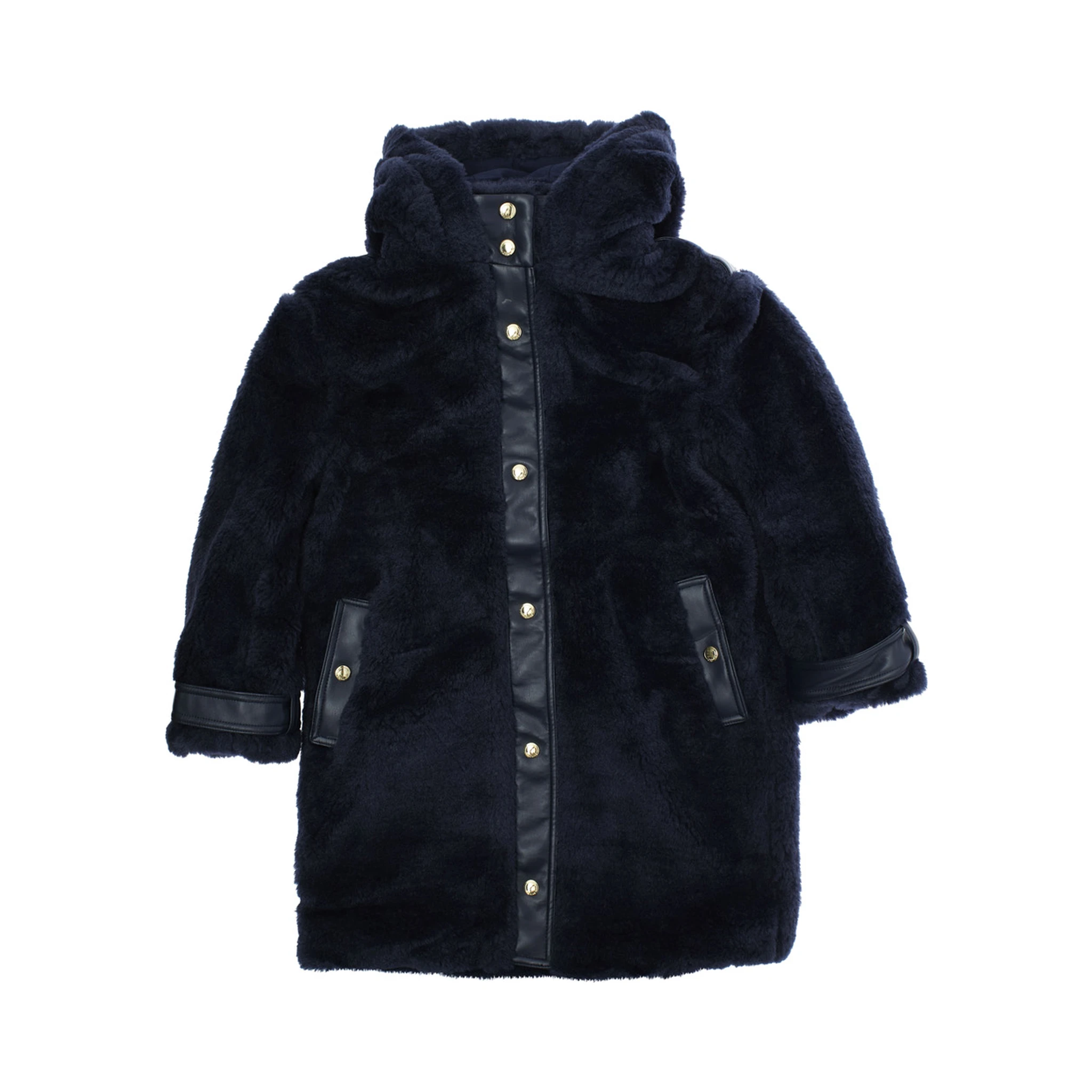 Blue Coat with Fixed Hood and Front Button Closure in Ecofur Girl