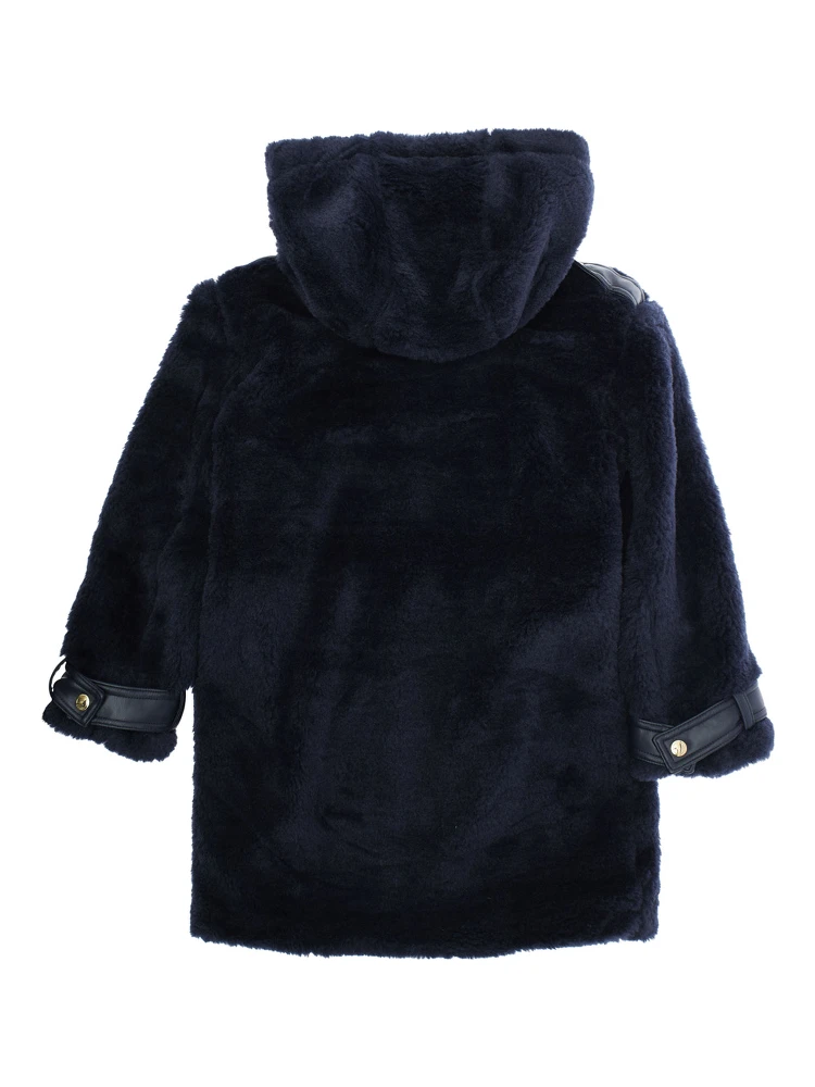 Blue Coat with Fixed Hood and Front Button Closure in Ecofur Girl alternative